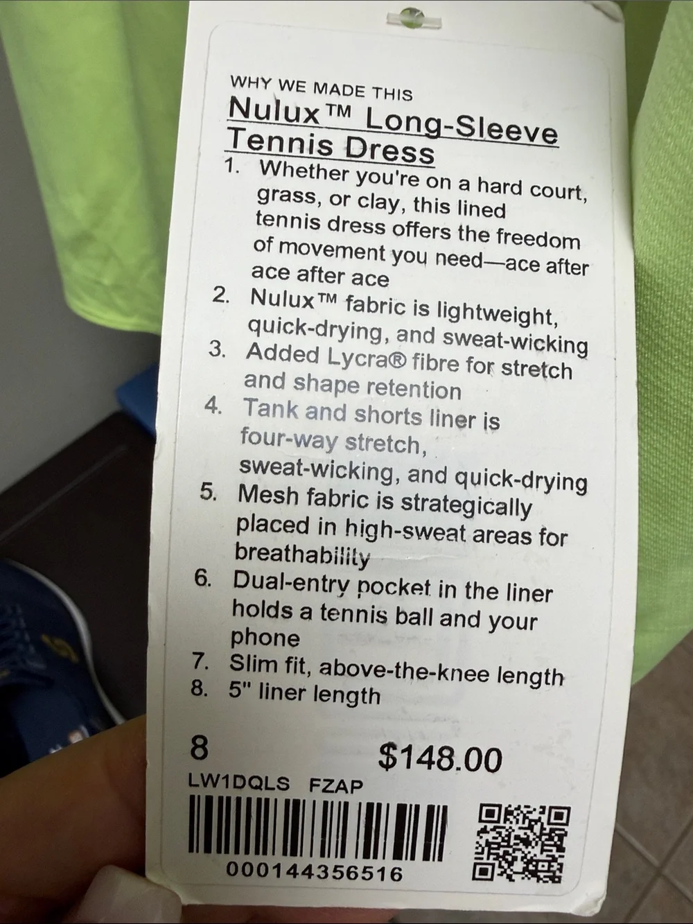 NWT Lululemon Nulux Tennis Dress with shorts, size 8, FZAP - Picture 7 of 7